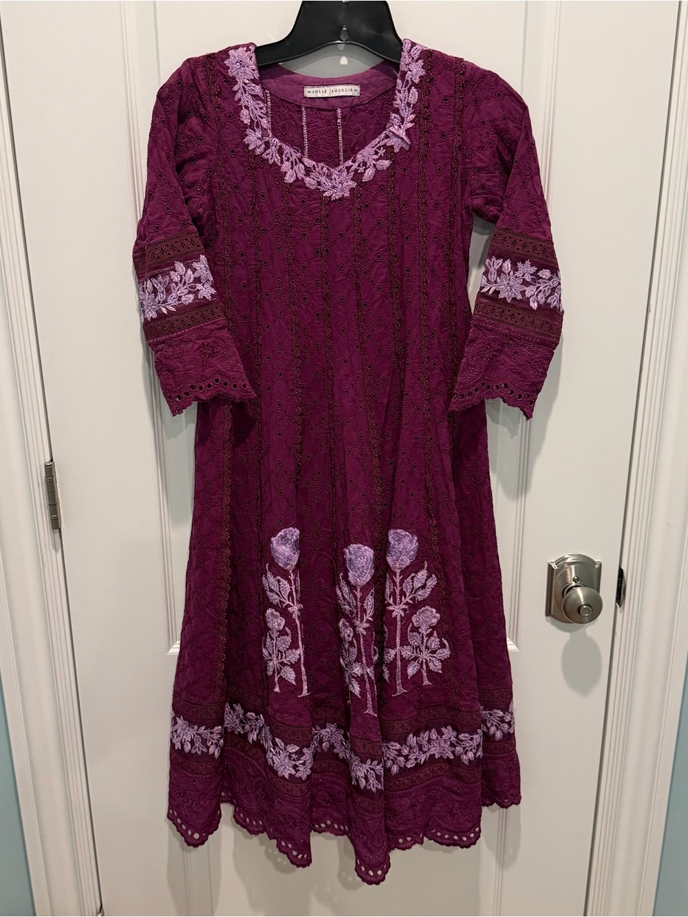 GIRLS Ansab Jahangir Burgundy Schiffli Lilac Embroidered Kalidaar Kaftan Dress
